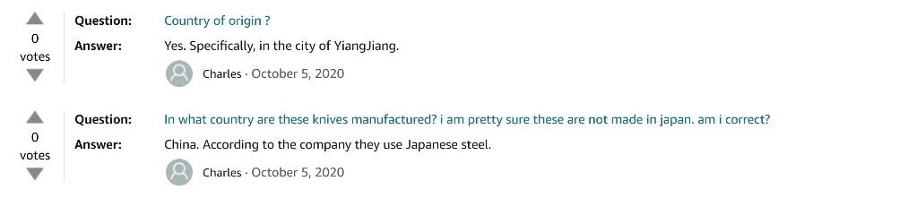 Question & answer on yatoshi knives amazon page