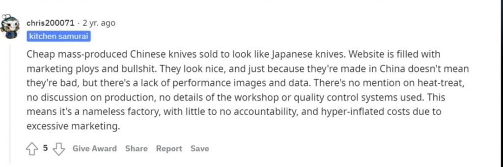 Reddit customer opinion on Wasabi Knives
