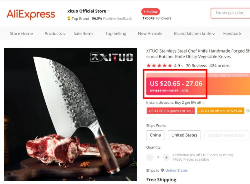 Screenshot of Xituo Knife price on AliExpress