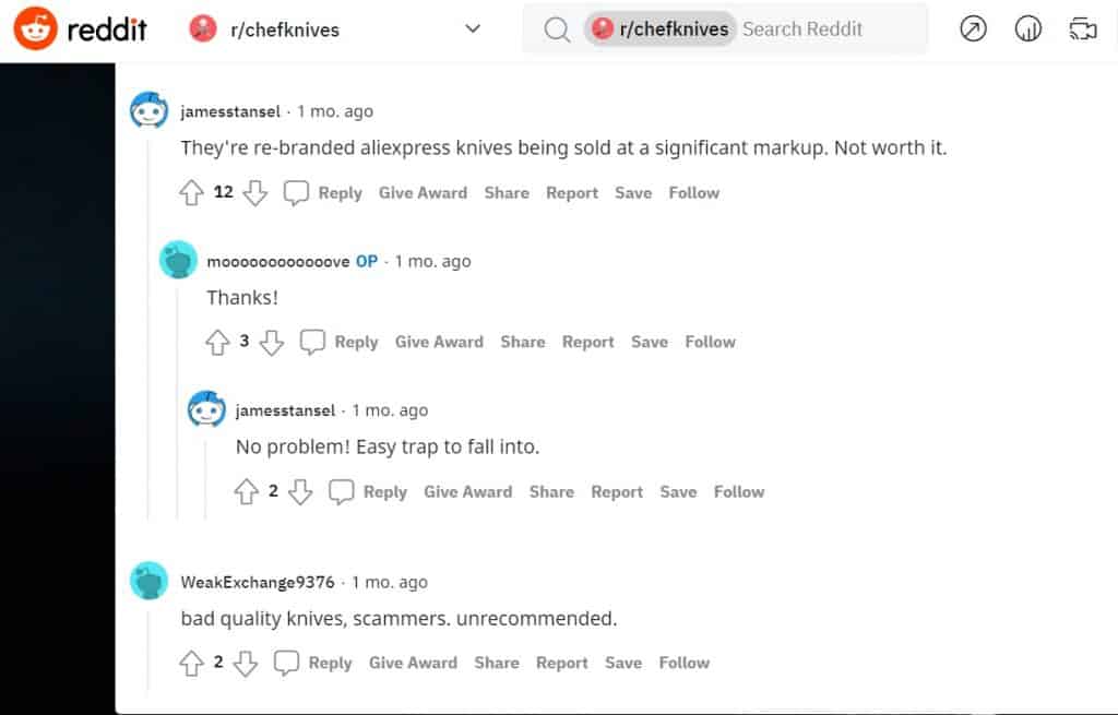 Negative comments on Yakushi Knives from Reddit