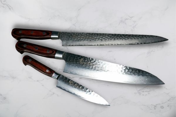 Sakai Takayuki 33-Layer VG10 Damascus Hammered Japanese Chef's Knife SET (Gyuto 210mm - Slicer 240mm - Petty 120mm)