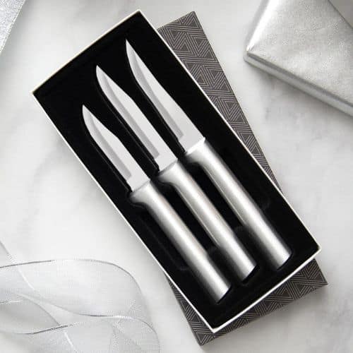 Rada Cutlery - S01 Rada Cutlery Paring Knife Set 3 Knives with Stainless Steel Blades and Brushed Aluminum Made in The USA, 7 1/8", 6 3/4", 6 1/8", Silver Handle