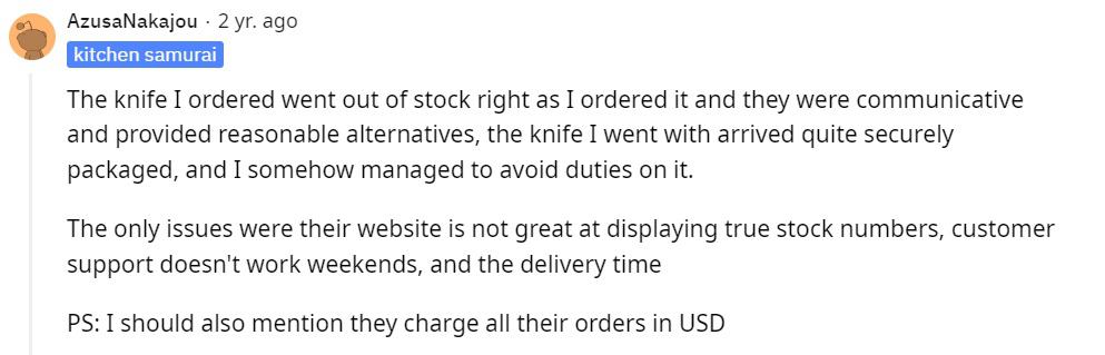 Reddit user opinion on Hocho knife